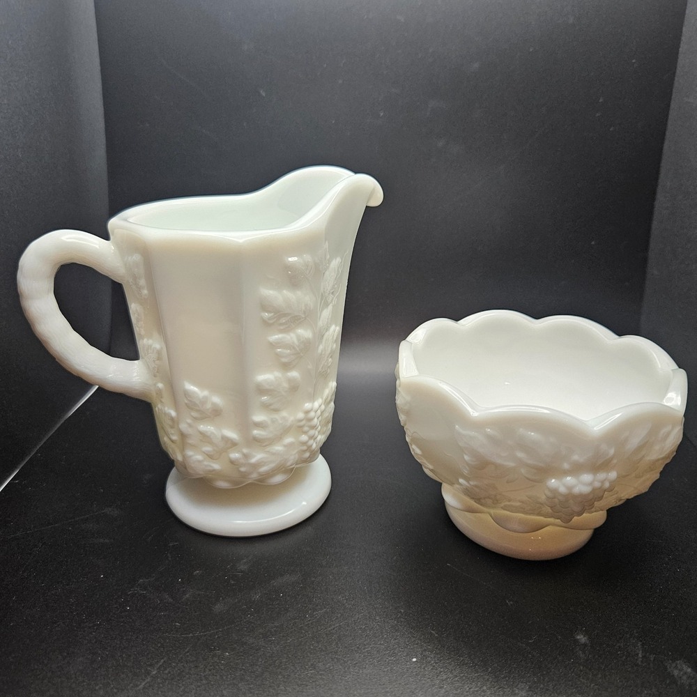 Vintage Westmoreland Milk‎ Glass Grape Vine Creamer & Sugar Bowl Pedestal Set WG